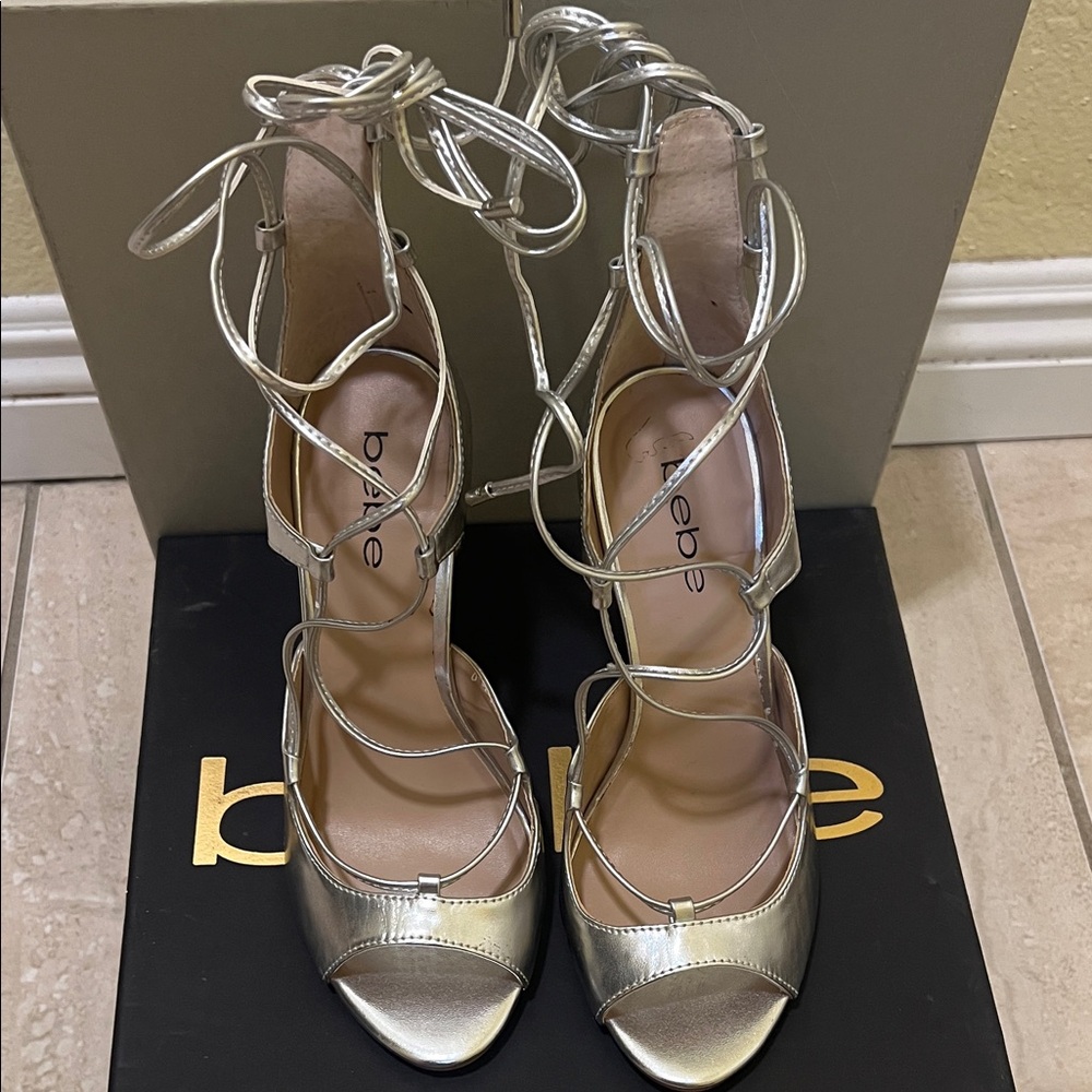 Bebe Metallic Silver Lace-Up Heels